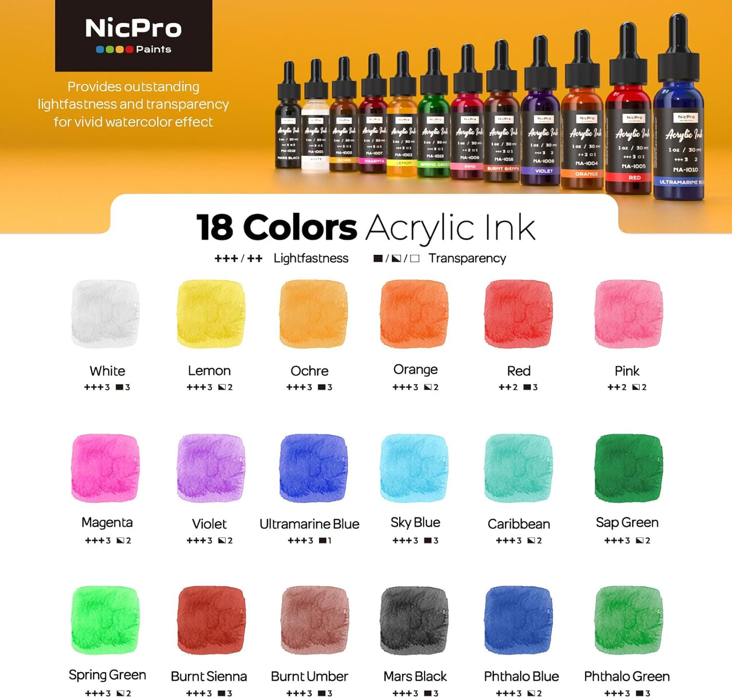 Nicpro 18 Colors Acrylic Ink, 1-oz(30ml) Bottle with Dropper, Quick Dry Permanent Acrylic Drawing Inks For Artist, Essential Color Set For Ink Drawing, Pouring Art, Airbrush, Scrapbooking, Mixed Media