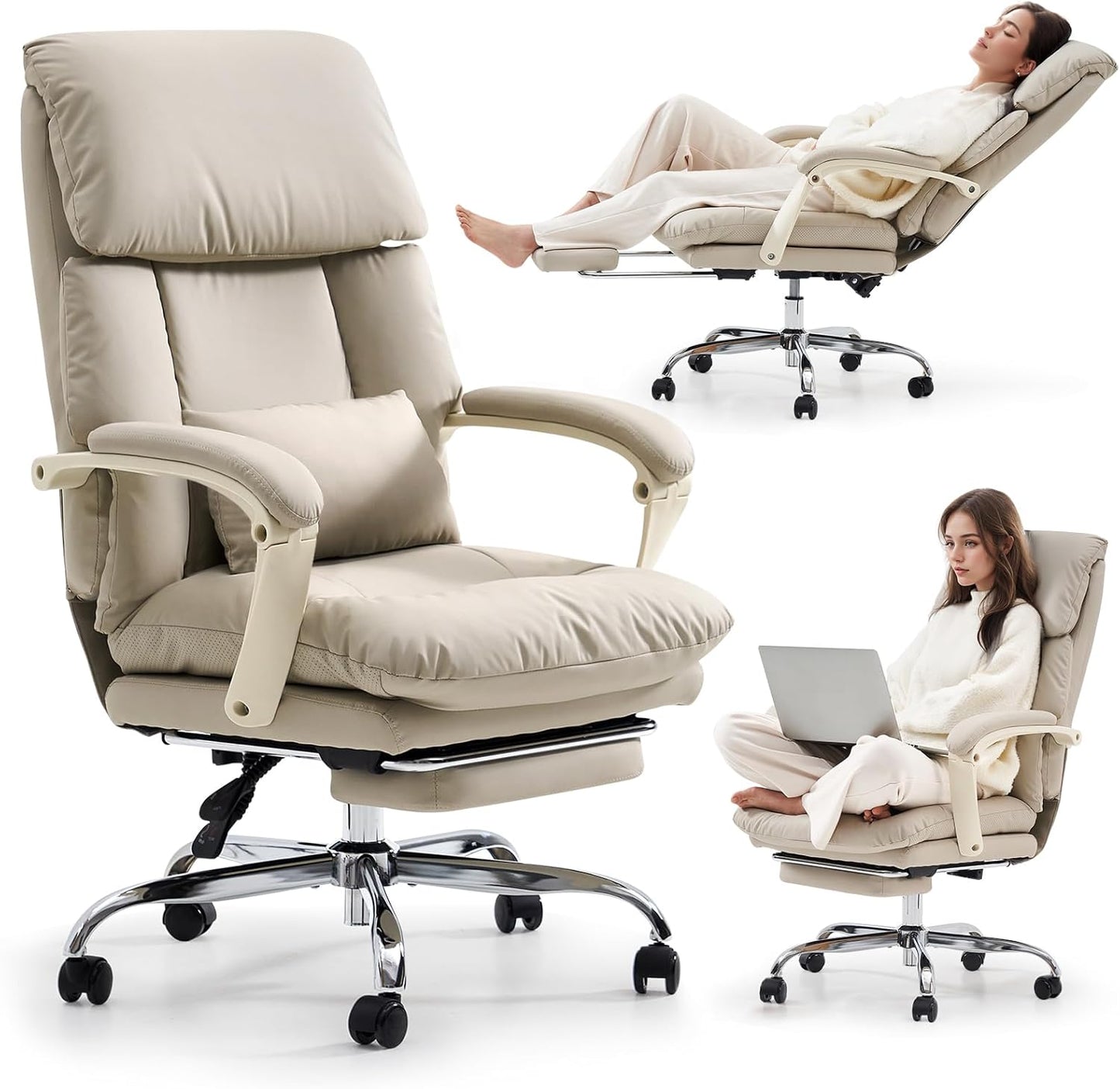 EMIAH Genuine Leather Office Chair with Foot Rest, Reclining Ergonomic Executive Office Chair with Arms, High Back Comfy Swivel Computer Desk Chairs with Wheels and Lumbar Support for Home, Beige