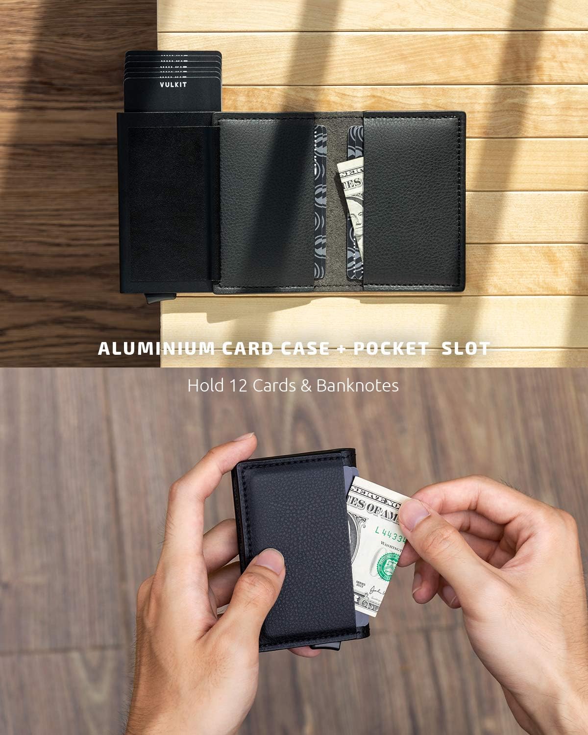 VULKIT Credit Card Holder RFID Blocking Leather Automatic Pop Up Wallet Aluminum Slim Pocket Business Card Case