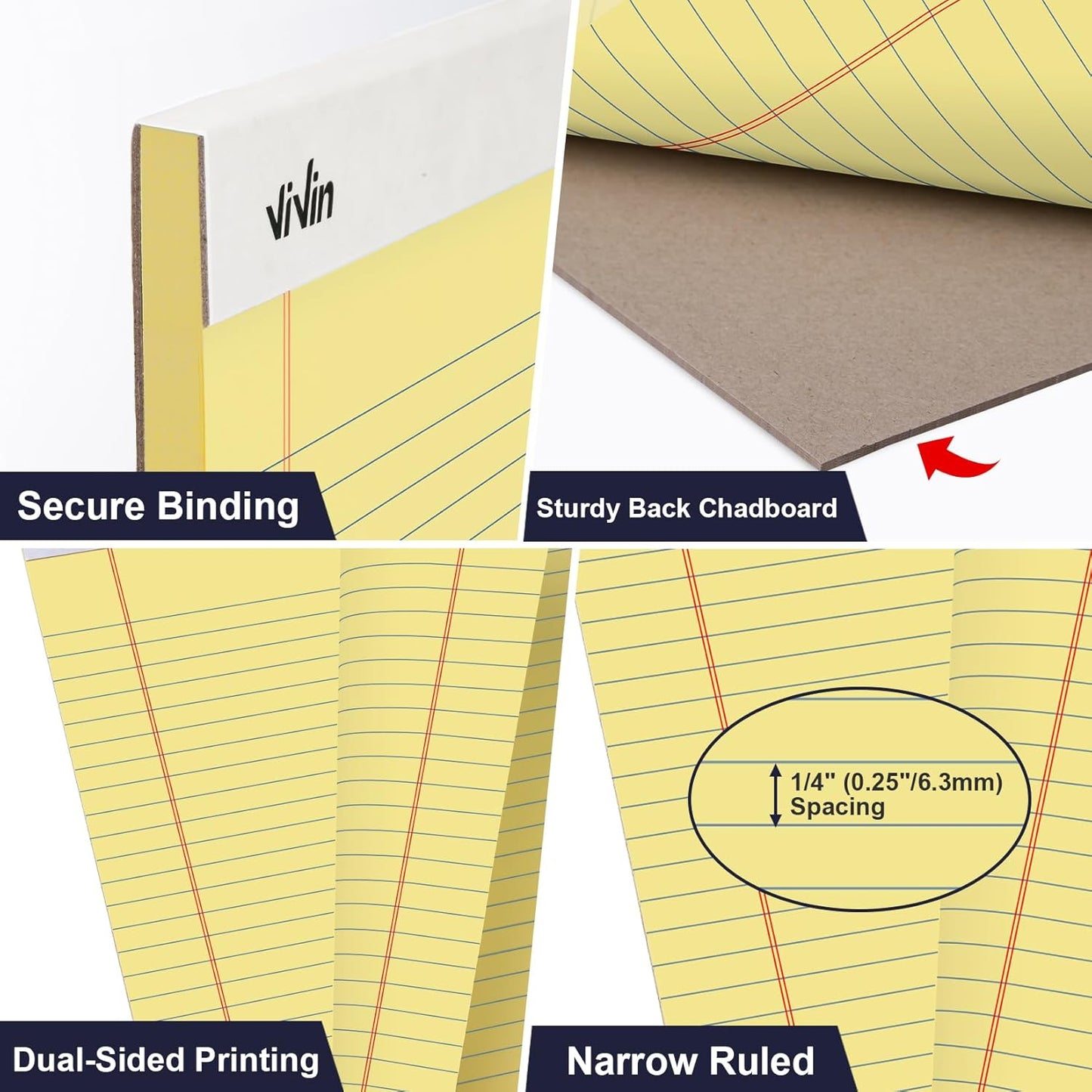 ViVin 5 x 8 Inch Legal Pads, 6 Pack, Narrow Ruled, 50 Sheets Per Writing Pad, Perforated Note Pads Ideal for Home, Office, Business, 300 Sheets, Canary Yellow Paper