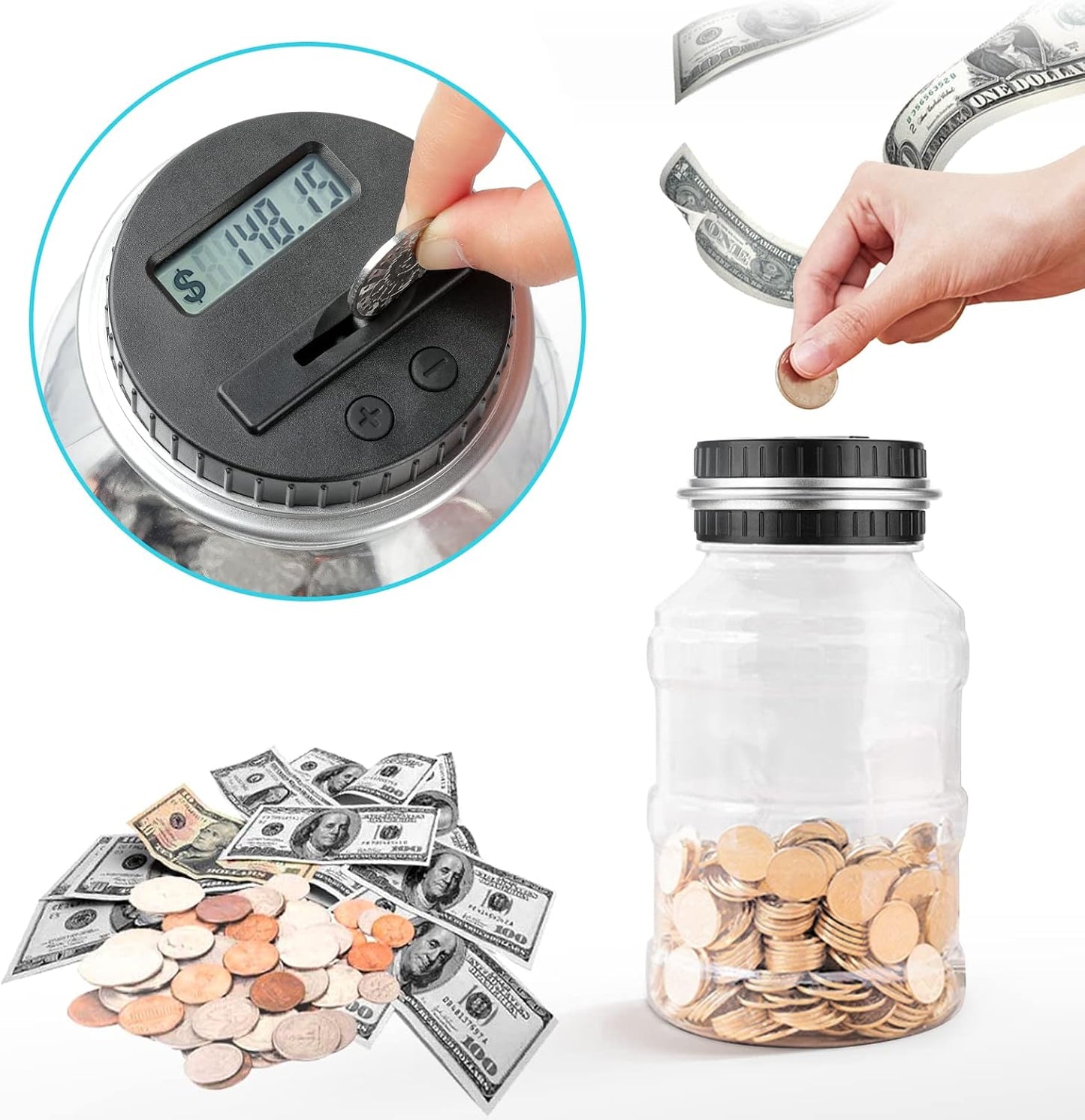 Large Piggy Bank for Boys Adults, Vcertcpl Digital Coin Counting Bank with LCD Counter, 1.8L Capacity Coin Bank Money Jar for Adults, Designed for All US Coins (Silver)