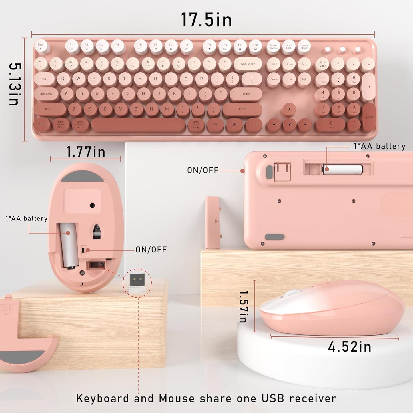 Wireless Keyboard and Mouse, Full-Size Retro Typewriter Keyboard with Round Keycaps, 2.4GHz for Windows, Mac, Laptop, PC, Desktop (Peach Gradient)
