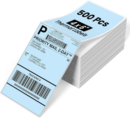 Phomemo 4x6 Thermal Labels for Shipping Label Printer - 500PCS Blue Mailing Labels - 4x6 Direct Thermal Label Fanfold Compatible with Rollo,MUNBYN,JADENS,POLONO,Nelko - Water/Oilproof - NO BPA/BPS