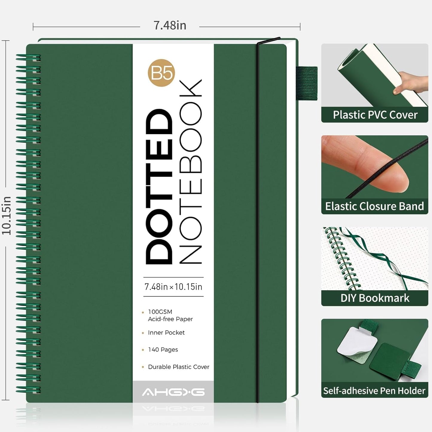 AHGXG Bullet Dotted Journal - Dot Grid Spiral Notebook B5, 140 Pages, 100 GSM Thick Paper, Waterproof Plastic Cover Journals for Bullet Journaling, Sketching, 7.6" x 10", Green