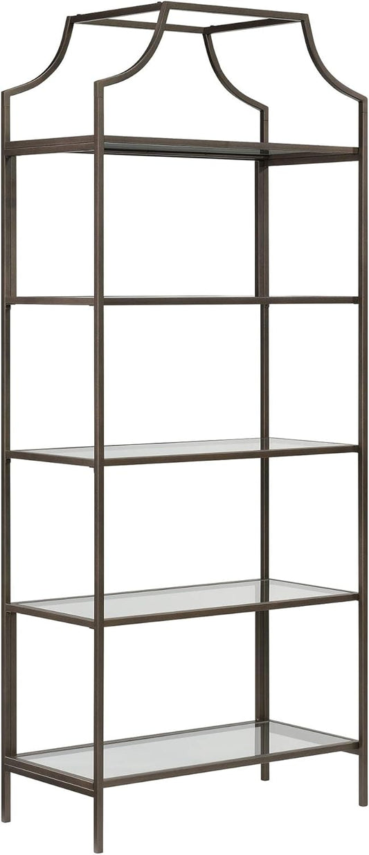 Sauder International Lux Book Shelf 5 Tier Modern Metal Multipurpose Bookcase with Glass Shelving, in a Bronze Finish
