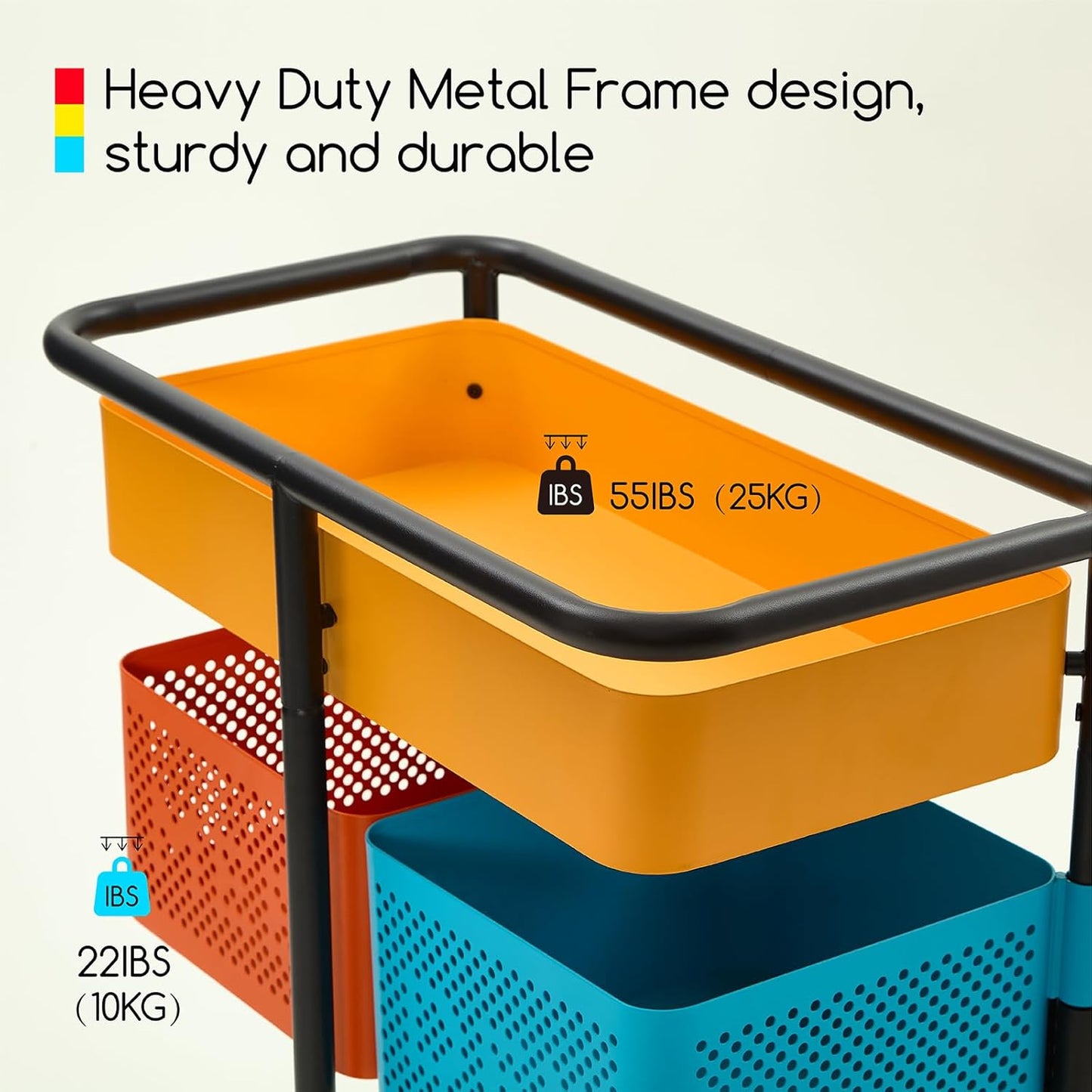 MEEDEN 3 Tier Rolling Utility Cart: Metal Heavy Duty Storage Cart Organizer with Wheels - Portable Tool Trolley for Home Office Kitchen
