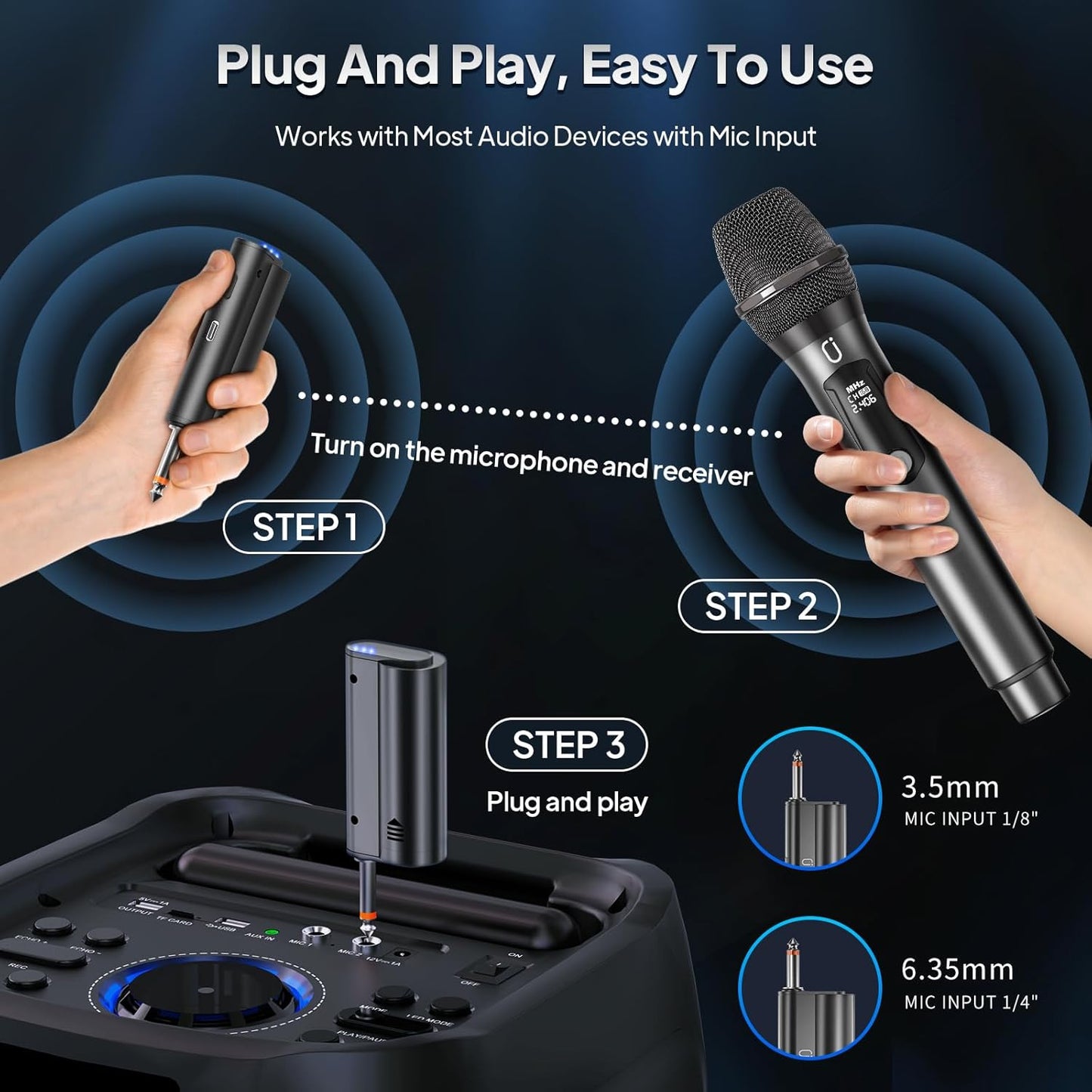 Wireless Microphones for Singing, Dual Rechargeable Karaoke Microphone with Receiver for Church/Party/Meeting/Speech/Stage Performance, Compatible with PA System/Karaoke Machine/Partybox/Mixer