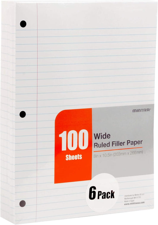 Mintra Office Filler Paper (Wide Ruled, 600 Sheets (6pks of 100))