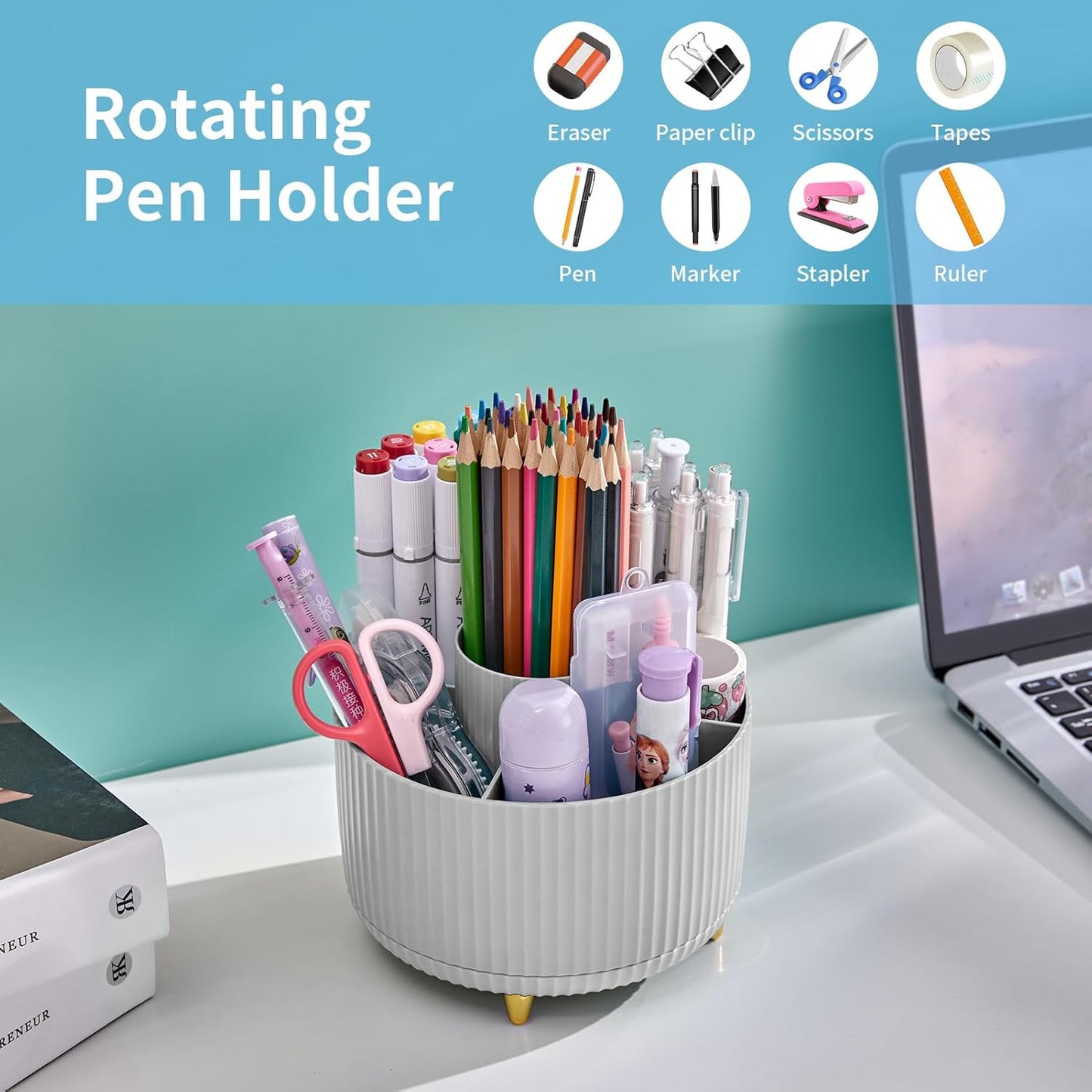 Marbrasse Desk Organizer, 360-Degree Rotating Pen Holder, Desk Organizers and Accessories with 5 Compartments Pencil Holder, Art Supply Storage Box Caddy for Office, Home (Grey)
