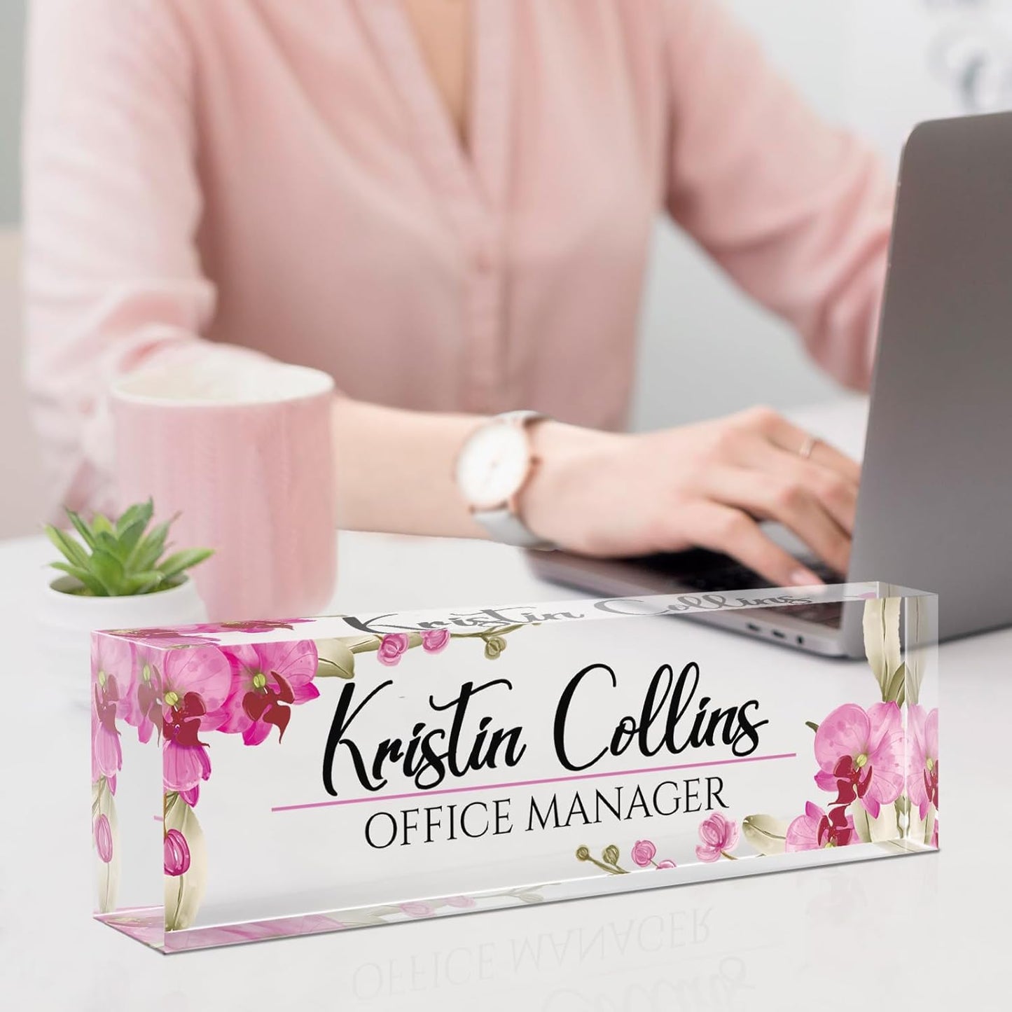 Custom Name Plate for Desk, Acrylic Office Decor For Women Men, Personalized Office Desk Accessories, Teacher Employee Appreciation Gifts For Social Worker Boss Coworkers (Flowers-2)