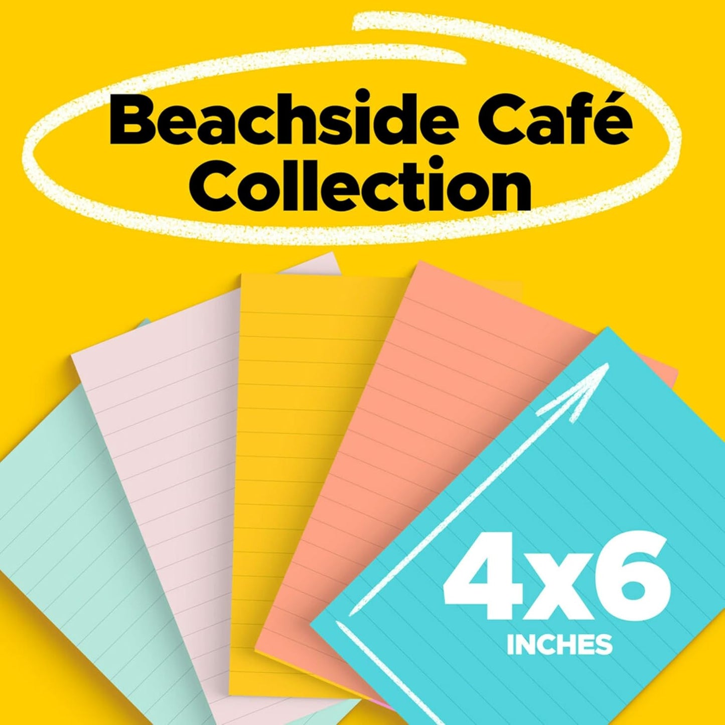 Post-it Notes, 4 in x 6 in, 5 Lined Sticky Note Pads, 100 Sheets per Pad, Beachside Café Collection, School Supplies and Office Products