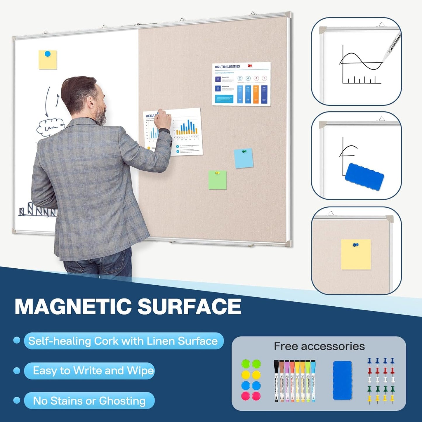 Large White Board Dry Erase Foldable Bulletin Board Combo, 48" x 36" Double Sided Dry Erase Board for Wall, Magnetic Whiteboard Bulletin Board with Linen for Office, Home, School, Kitchen -White