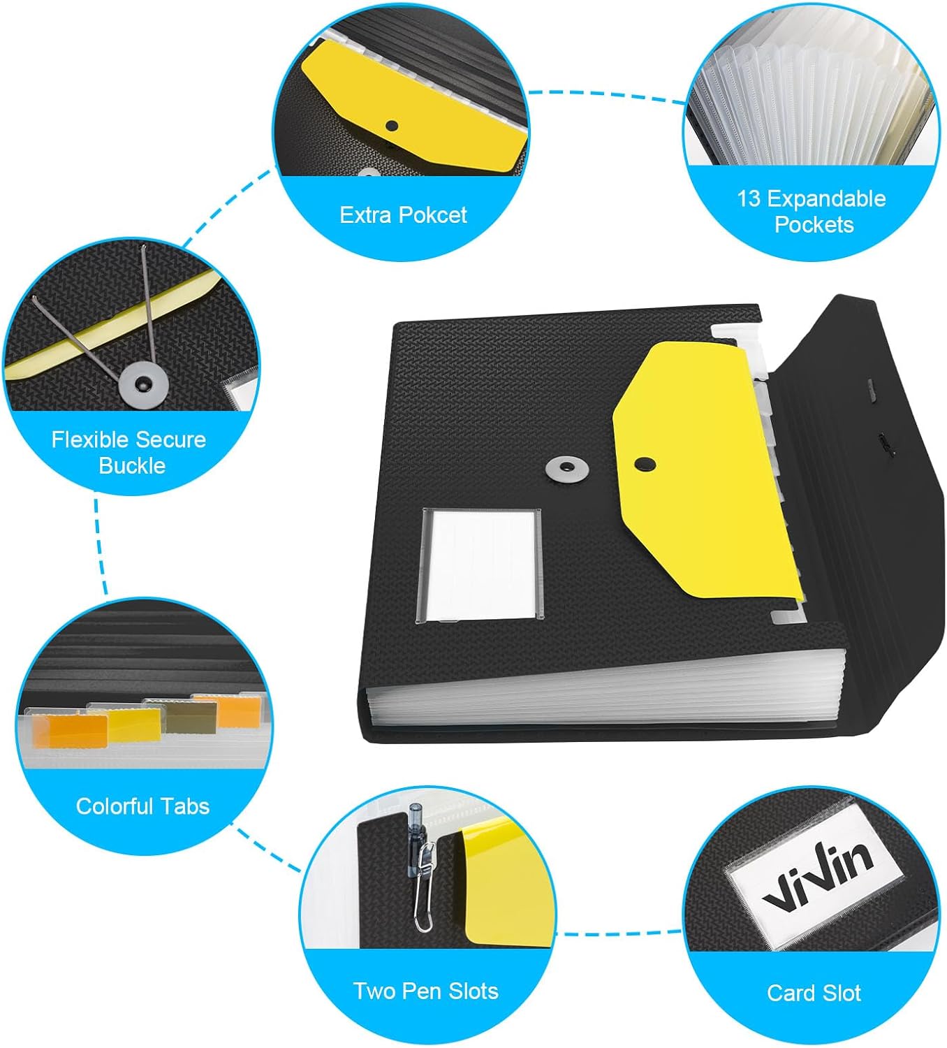 ViVin Expanding File Organizer, 13-Pocket Accordion Filing Folders with Extra Pocket & Color Tabs, Sturdy Expandable Ducument Organizer for Receipt Bills Invoice, Letter/A4 Size - Black