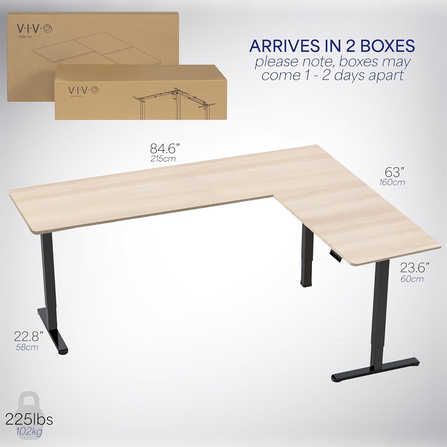 VIVO Electric Corner L-Shaped 84 x 63 in Standing Desk, Memory Height Adjustment, Light Wood Top Black Frame, DESK-E3CTBC-84