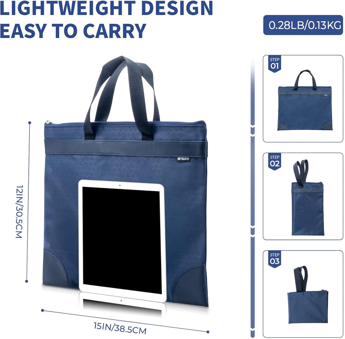 M&G 12x15 in Large Zipper Pouch with Handle, A4 Foldable Lightweight Pocket Waterproof Oxford Document Storage Bag, File Organizer for Office Travel Books Papers Filing Folder – 1 Pack (Blue)