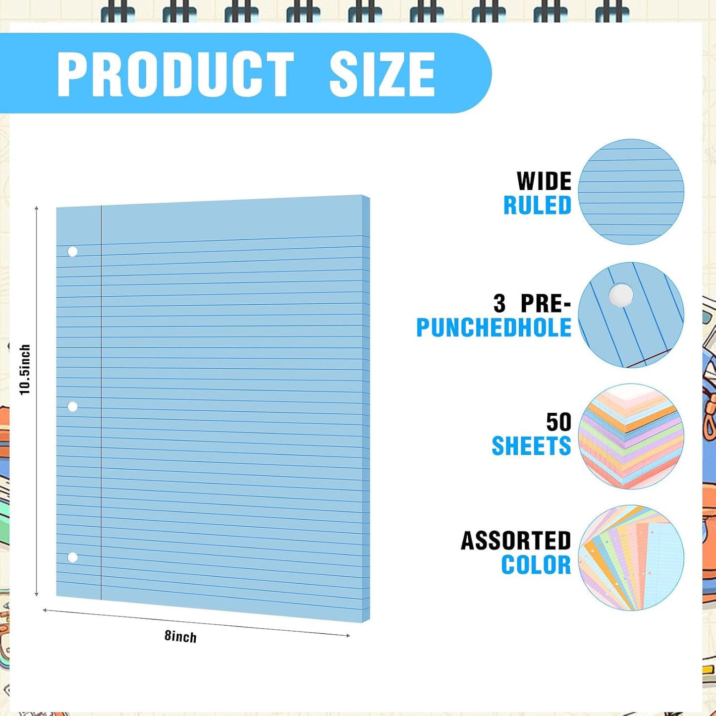 PerKoop 12 Pack 600 Sheets Colored Lined Paper Bulk Wide Ruled 8 x 10.5 Inches, Pastel Loose Leaf Notebook Paper 3 Hole Punched Filler for Back School Classroom Supplies(Sweet Color)