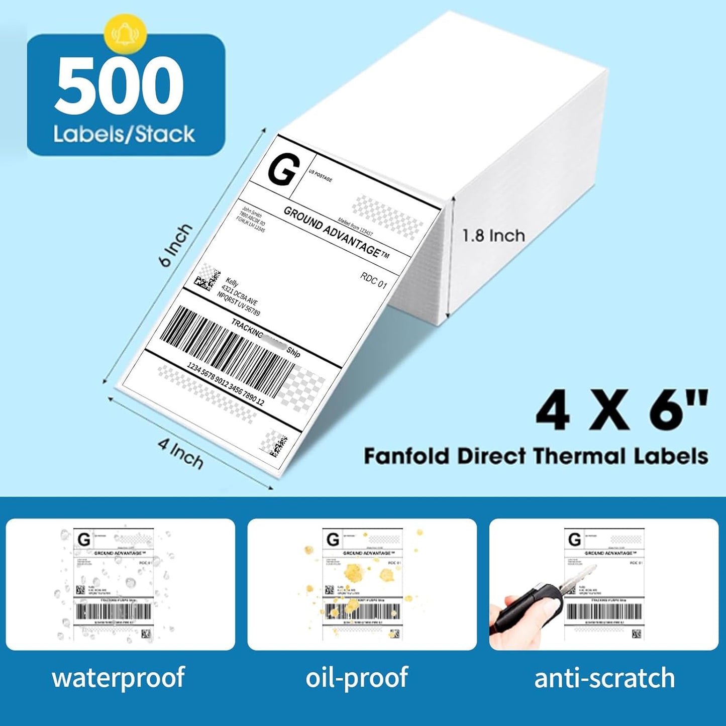4"×6" Direct Thermal Shipping Label, Fanfold Thermal Label 2000 Packs (500packs Per Stack) Permanent Adhesive, Compatible with Zebra, Rollo, Jadens, Nelko