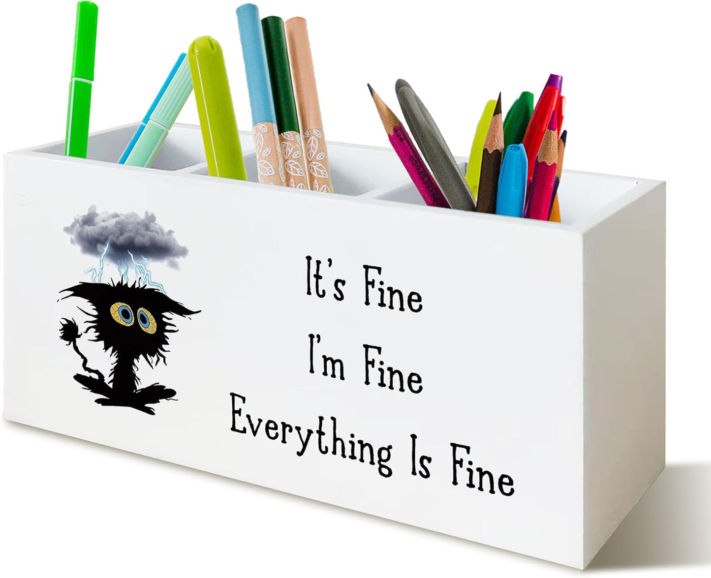 It's Fine I'm Fine Everything is Fine Funny Cat Pen Holder for Desk, Funny Desk Accessories for Work, Sarcastic Office Humor Gifts Wooden Pen Pencil Holder Organizer for Office