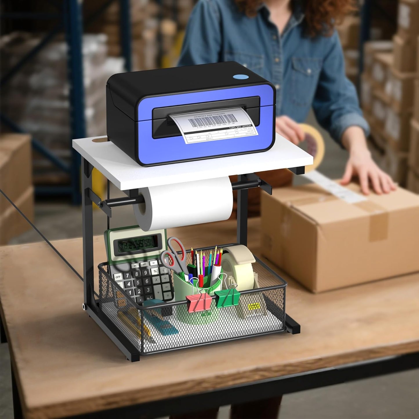 Label Holder for Rolls and Fan-Fold Labels, White Shipping Thermal Label Holder with Drawer for Desktop Thermal Printer, Sticker Roll Holder, Printer Accessory Supplies for Home, Office Small Business