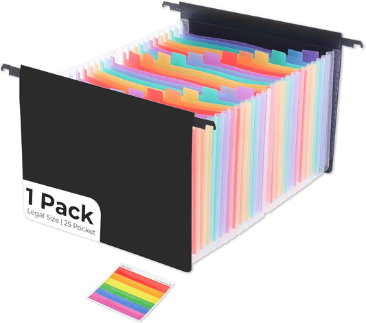 Y YOMA Legal Size - Plastic Expanding Hanging File Folders with 25 Accordion Pockets | Hook Removable Waterproof Extra Capacity for Bulky Files in School Home Office, 1 Pack