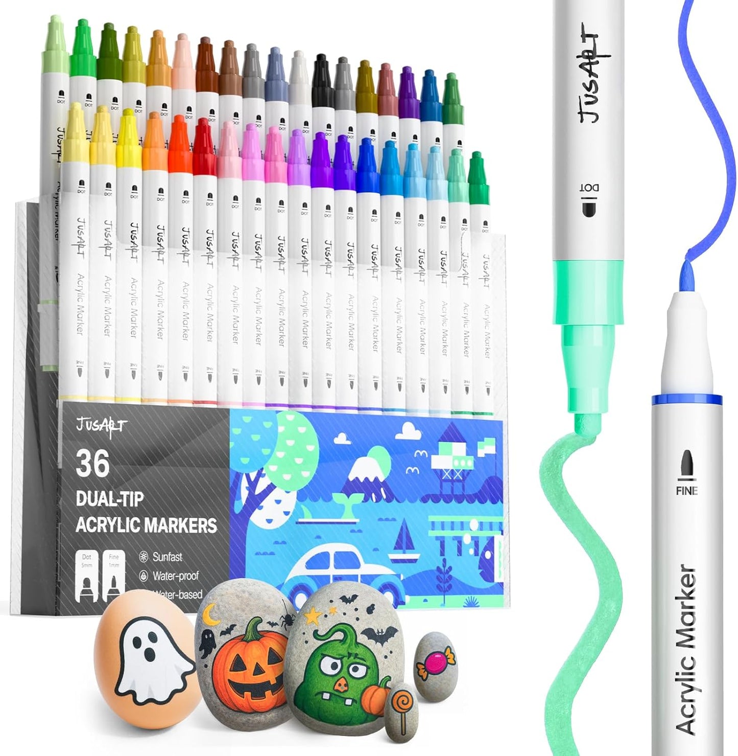 JusArt 36 Colors Dual Tip Acrylic Paint Markers with Dot and Fine Tip, No-Bleed Paint Pens and Waterproof Markers for Rock, Wood, Glass, Ceramic - Vibrant Art Supplies for Kids, Beginners & Artists