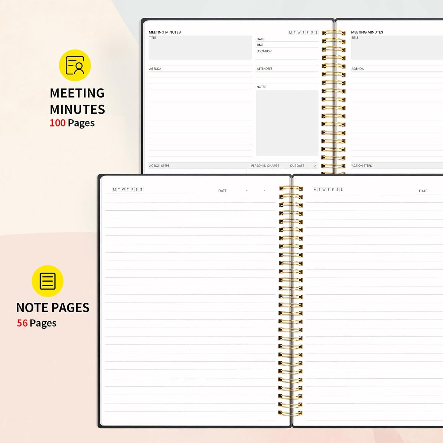 SUNEE Meeting Notebook for Work with Sticky Tabs - 160 Pages, B5 Size Project Planner, Spiral Meeting Agenda/Minutes Notebook Organizer for Women Men, Note Taking, Office & Business, 7"x10", Black