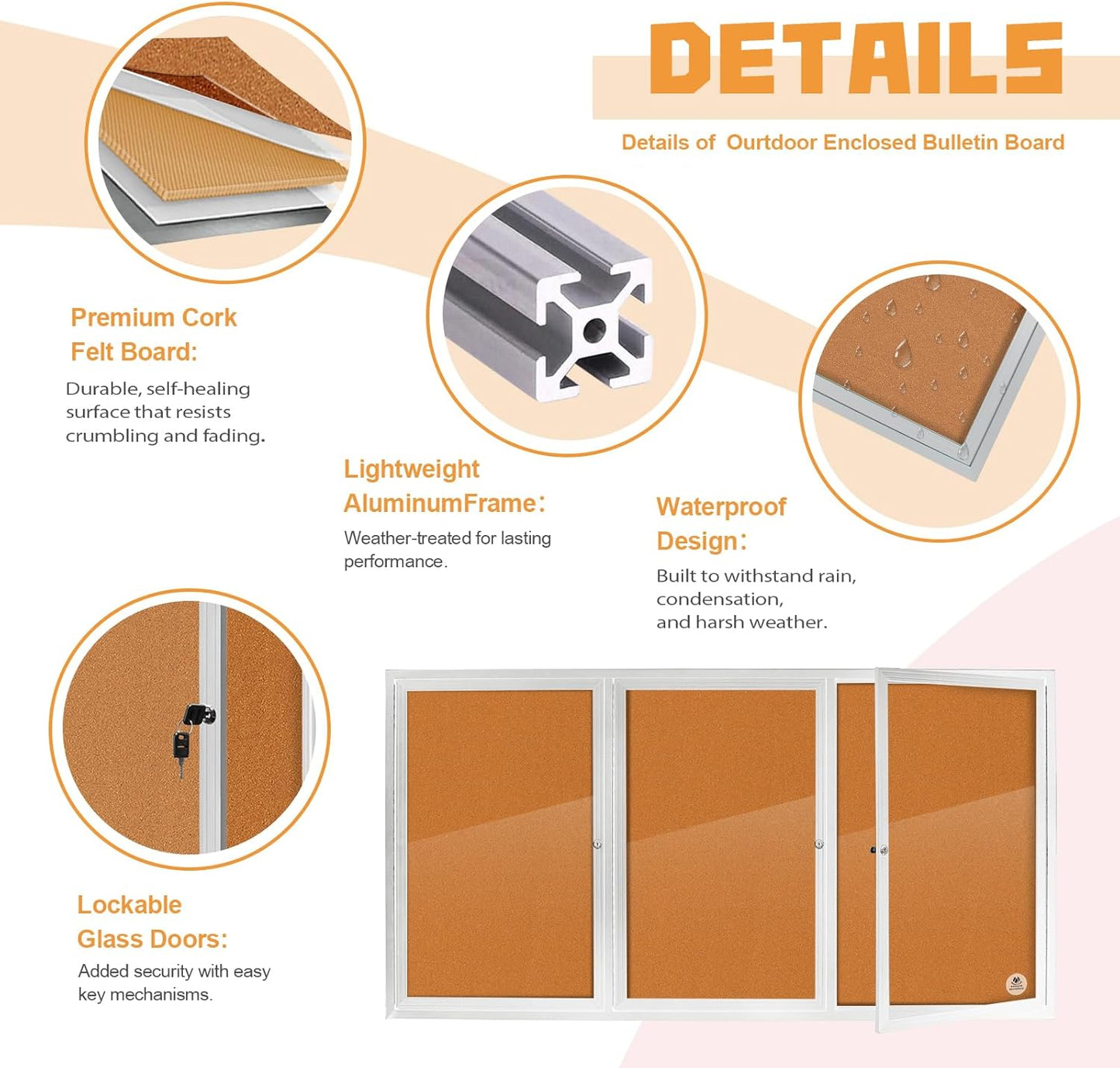 Lockable Outdoor Enclosed Bulletin Board, Weatherproof Cork Noticeboard with Locking Door, Wall-Mounted Aluminum Silver Framed Display Case for Messages,70x36 Inch