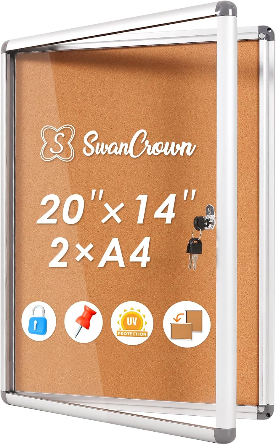 SWANCROWN Enclosed Bulletin Board,Lockable Cork Noticeboard for School Office,Wall Display Case with Lock 20"x14"(2xA4)