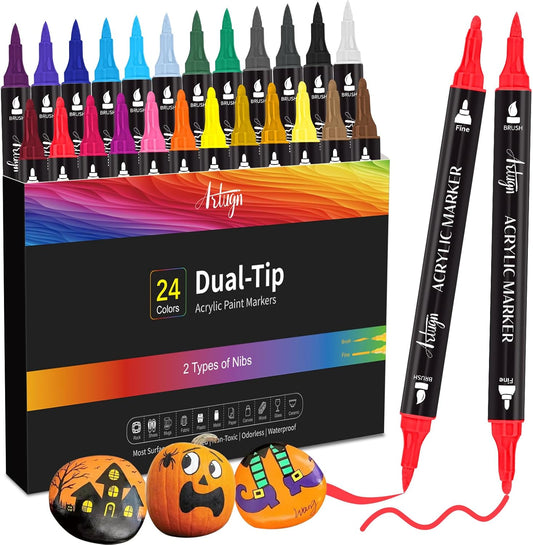 24 Colors Acrylic Paint Pens, Dual Tip Pens With Fine Tip and Brush Tip for Rock Painting, Ceramic, Wood, Plastic, Calligraphy, Scrapbooking, Brush Lettering, Card Making, DIY Crafts