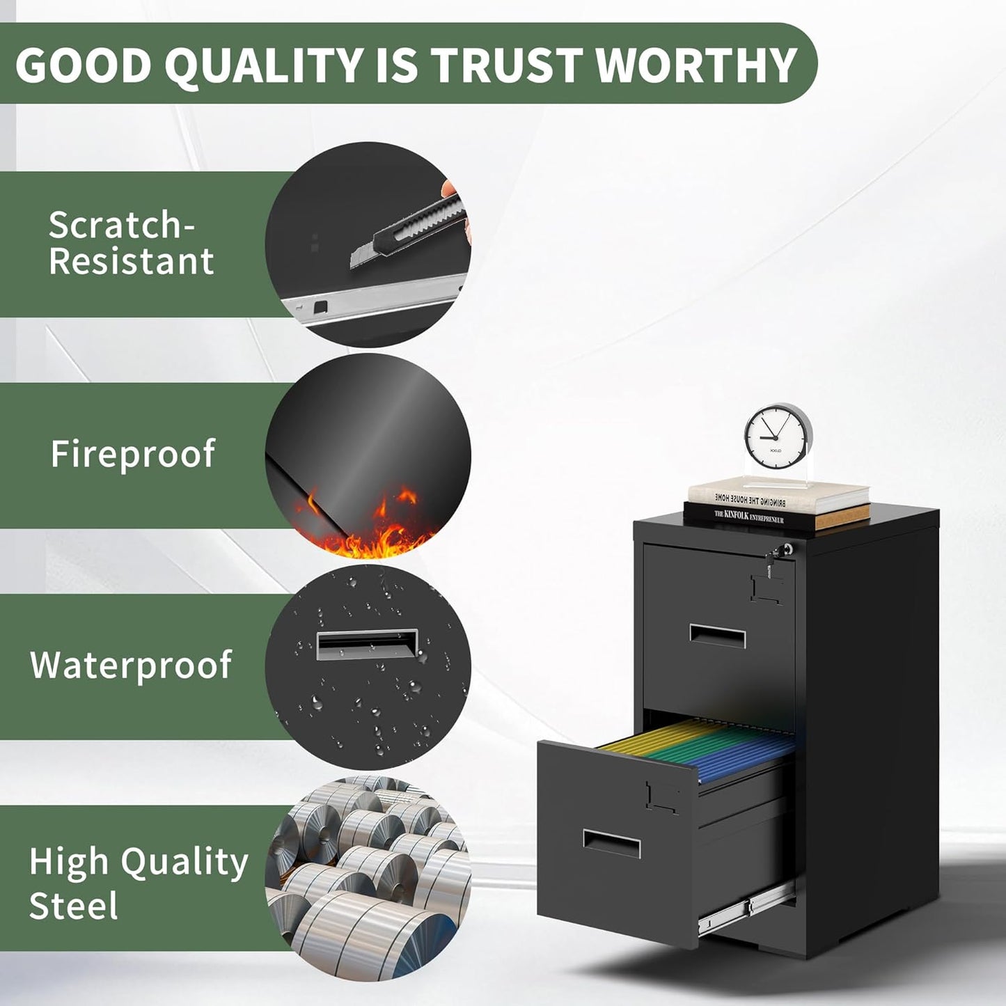 2-Drawer Locking Vertical File Cabinet, Metal Storage Cabinet for Office/Home – Secure Vertical Filing for Letter/Legal/A4/F4 Documents, Easy to Assemble Steel Cabinet (Black, 2 Drawer-15W)