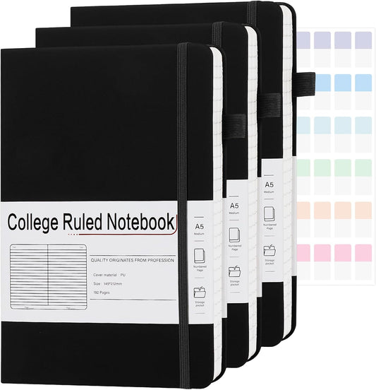 A5 Lined Journal Notebooks for Work, 192 Pages, Medium 5.7 x 8.3inch, College Ruled, Vegan Leather Hardcover Journals for Women Men,3 Pack