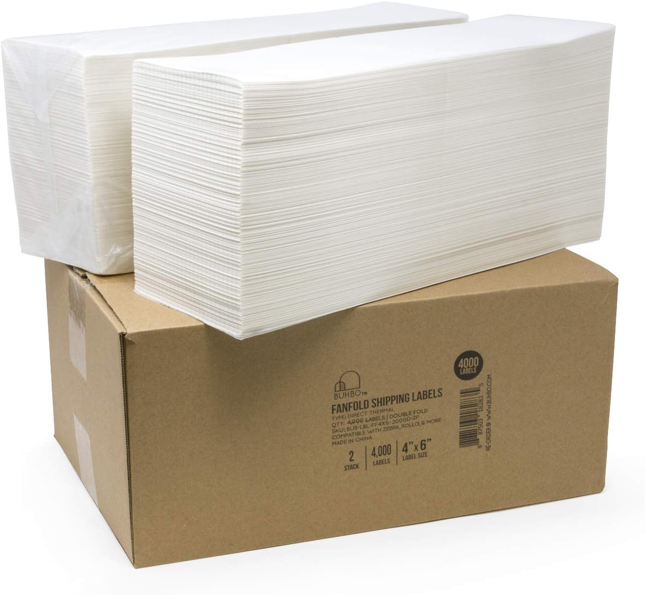 Buhbo 4" x 6" Direct Thermal Labels - Perforated BPA Free - Compatible with Zebra & Rollo Printer - Commercial Grade Shipping (4000 Fanfold Labels - 2 Stacks of 2000)