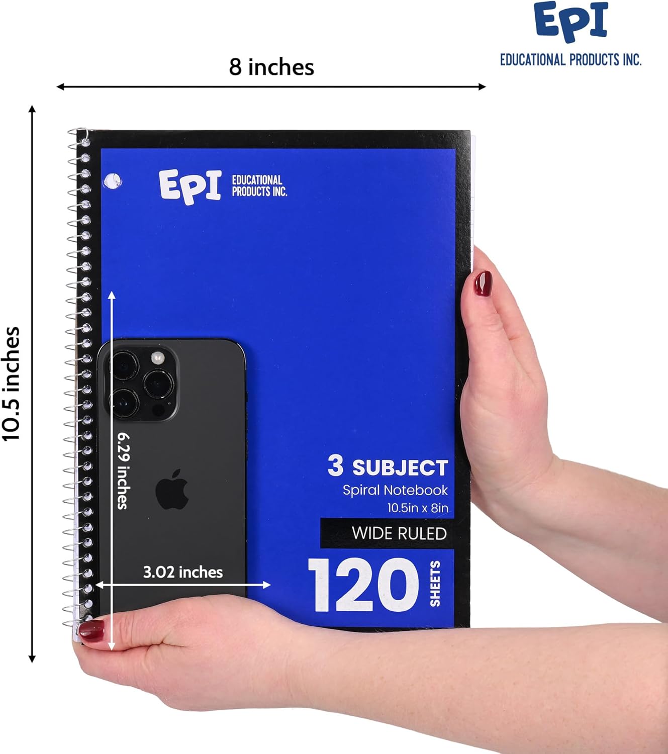 EPI Spiral Notebook | 3 Subject - Wide Ruled - 120 Sheets, Durable Spiral Binding | 10.5 x 8 in | Classroom Supplies | School, Office, Note Taking, Journaling - 12 Pack
