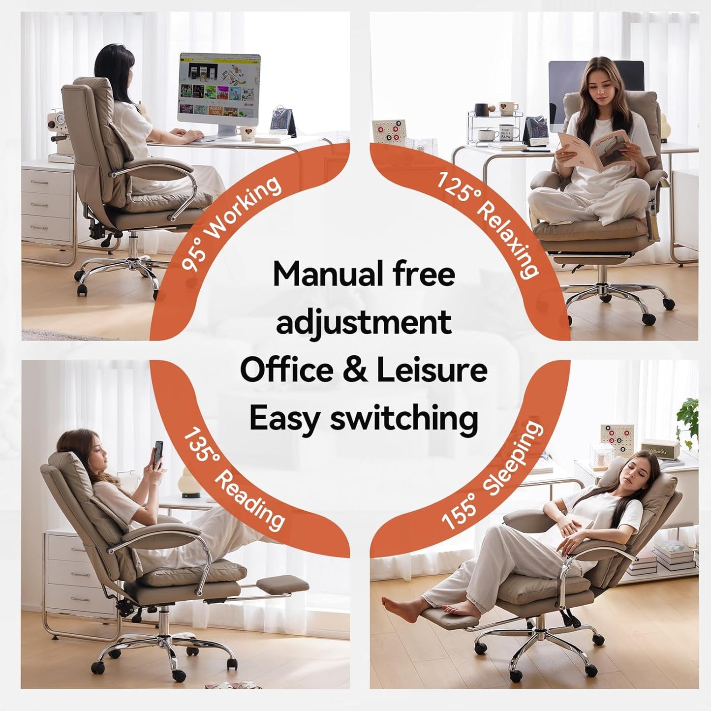 LEAGOO Reclining Office Chair with Foot Rest, Executive Office Chairs with Arms, Ergonomic High Back PU Leather Comfy Swivel Computer Desk Chairs with Wheels and Lumbar Support for Home Office, Khaki