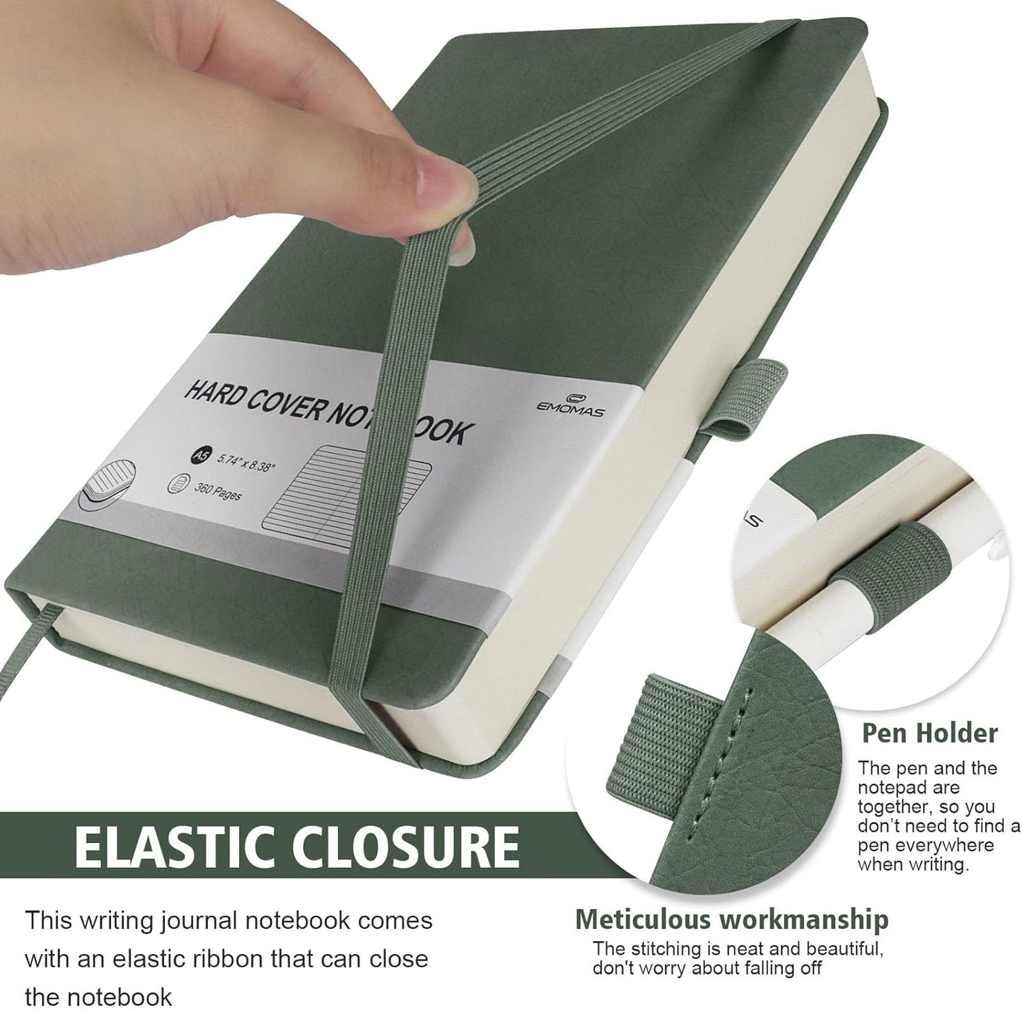 Lined Journal Notebook, 360 Numbered Pages(With page number), Thick Journal for Writing A5 College Ruled Notebook, 100gsm Lined Paper, Leather Hardcover, 5.75'' X 8.38''-Morandi Green