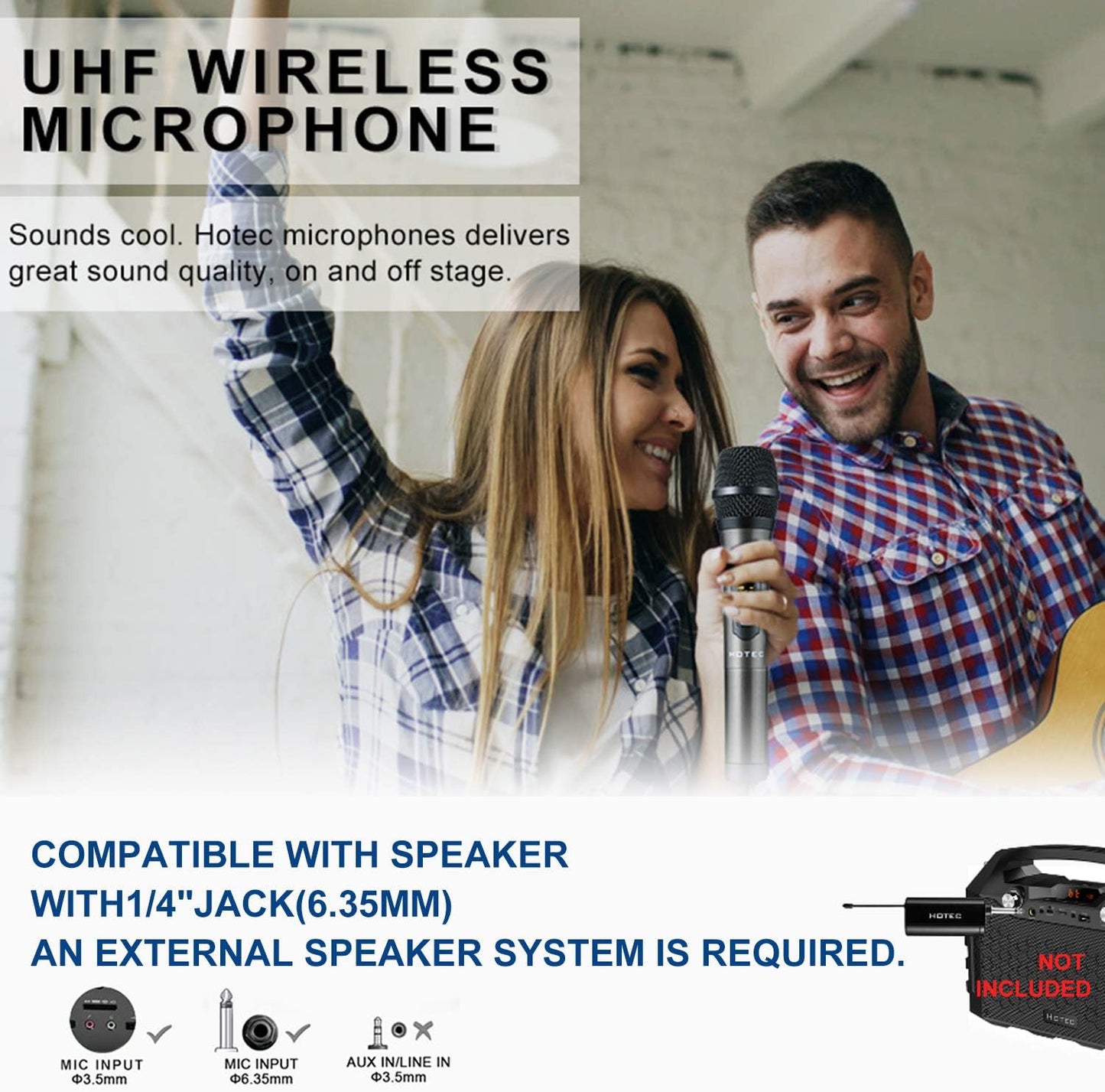 HOTEC UHF Wireless Dual Handheld Microphones with Rechargeable 1/4” Output Mini Portable Receiver for Live Performance Over PA, Mixer, Speaker (H-U26C)