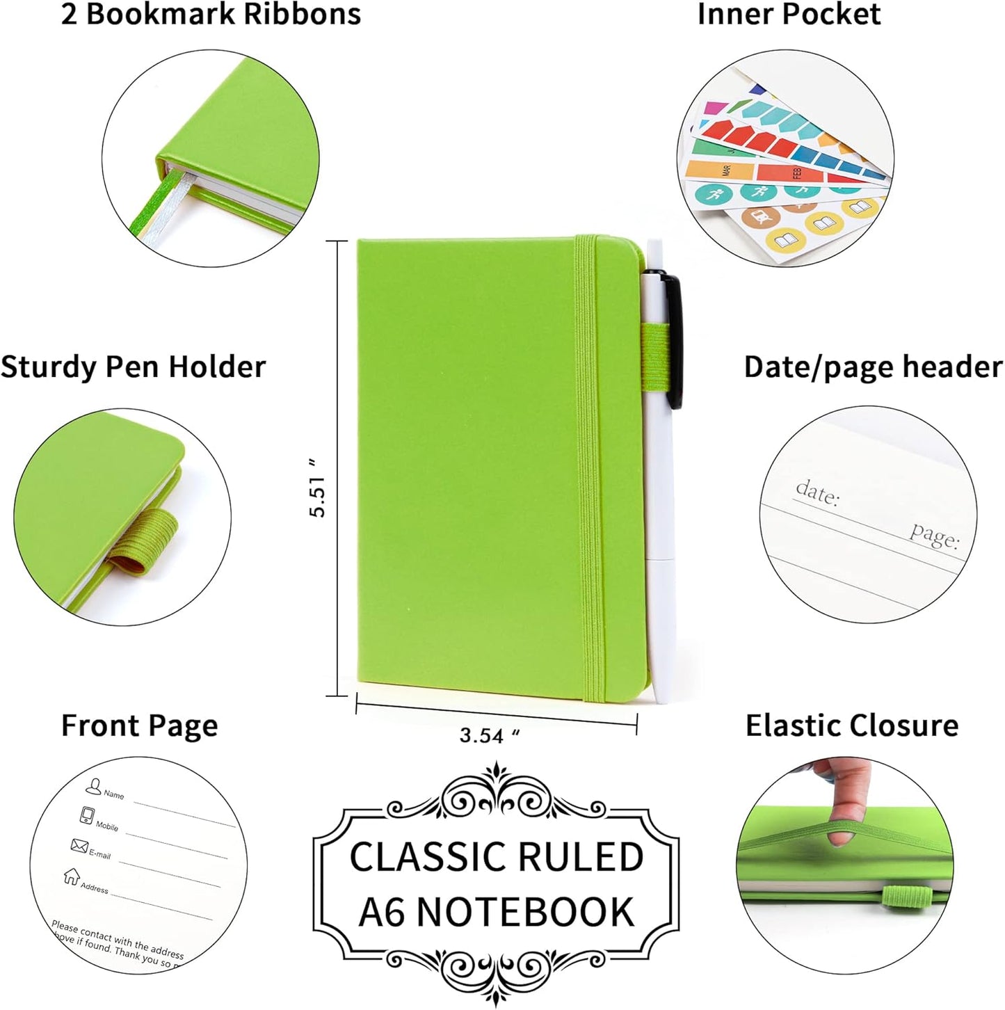feela 6 Pack Pocket Small Notebooks Bulk, Mini Cute Memo Notepads Hardcover College Ruled Lined Journals with Pen Holder for Women Girls Office School, with 6 Black Pens, 3.5”x 5.5”, A6, Green