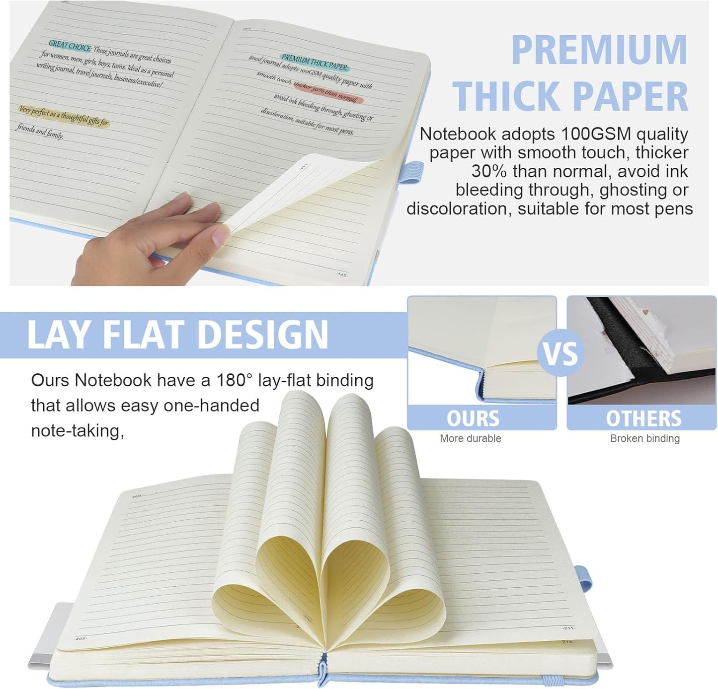 Lined Journal Notebook, 1 Pack (Sky Blue), 360 Pages, 9.8 inches x 6.9 inches - 100 gsm Thick Paper, Hardcover