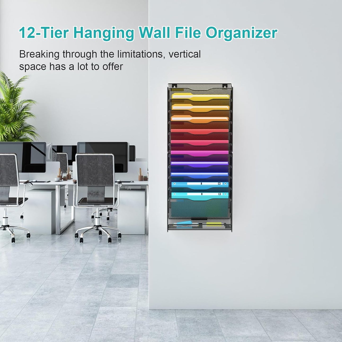 12 Tier Wall File Organizer, Mesh Letter Magazine Mail Wall File Holder Rack Hanging File Organizer With Flat Tray For Office Home, Black