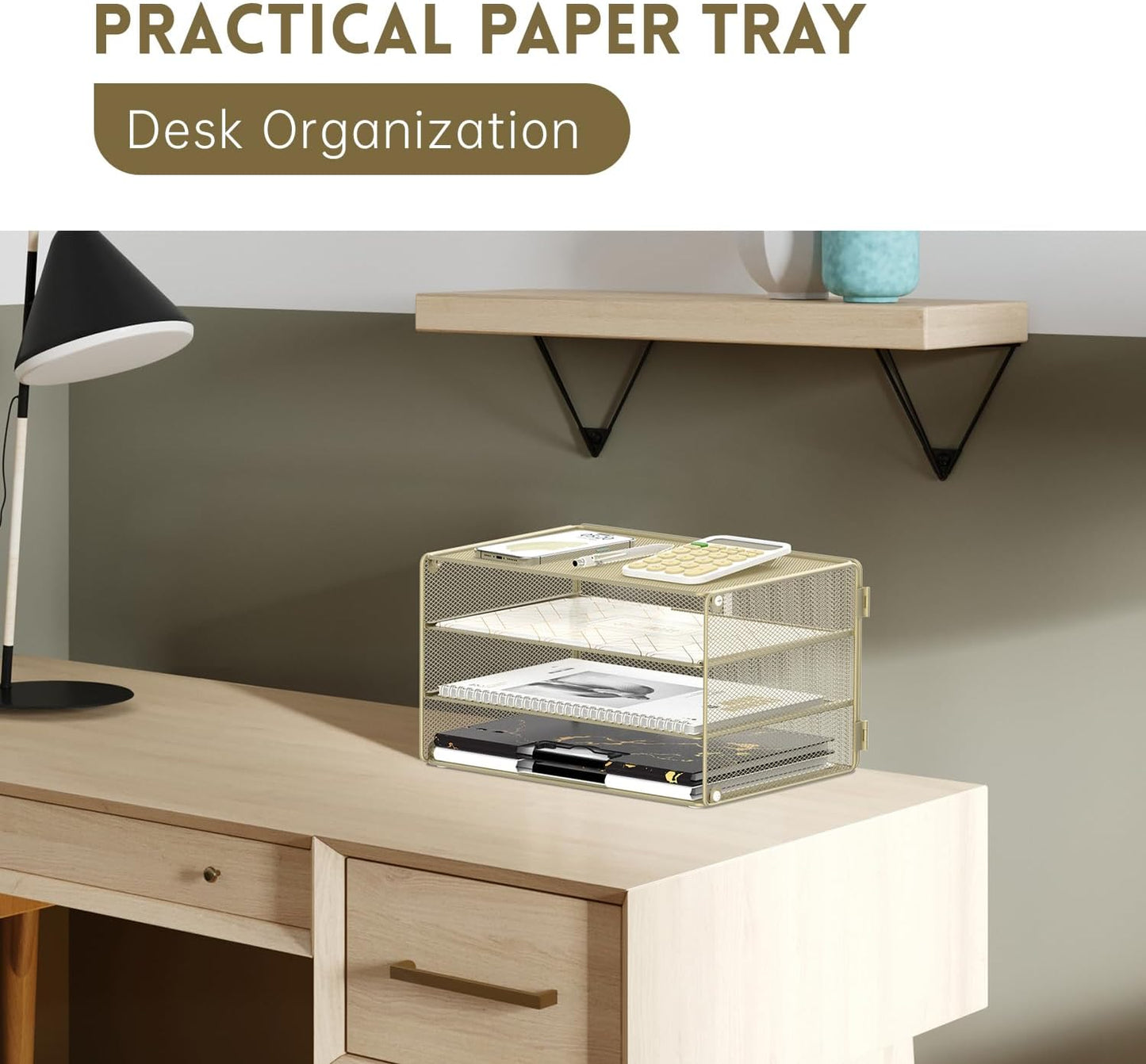 DALTACK 3 Tier Letter Tray Paper Organizer Mesh Metal Desk File Organizer for Home & Office, Golden Yellow