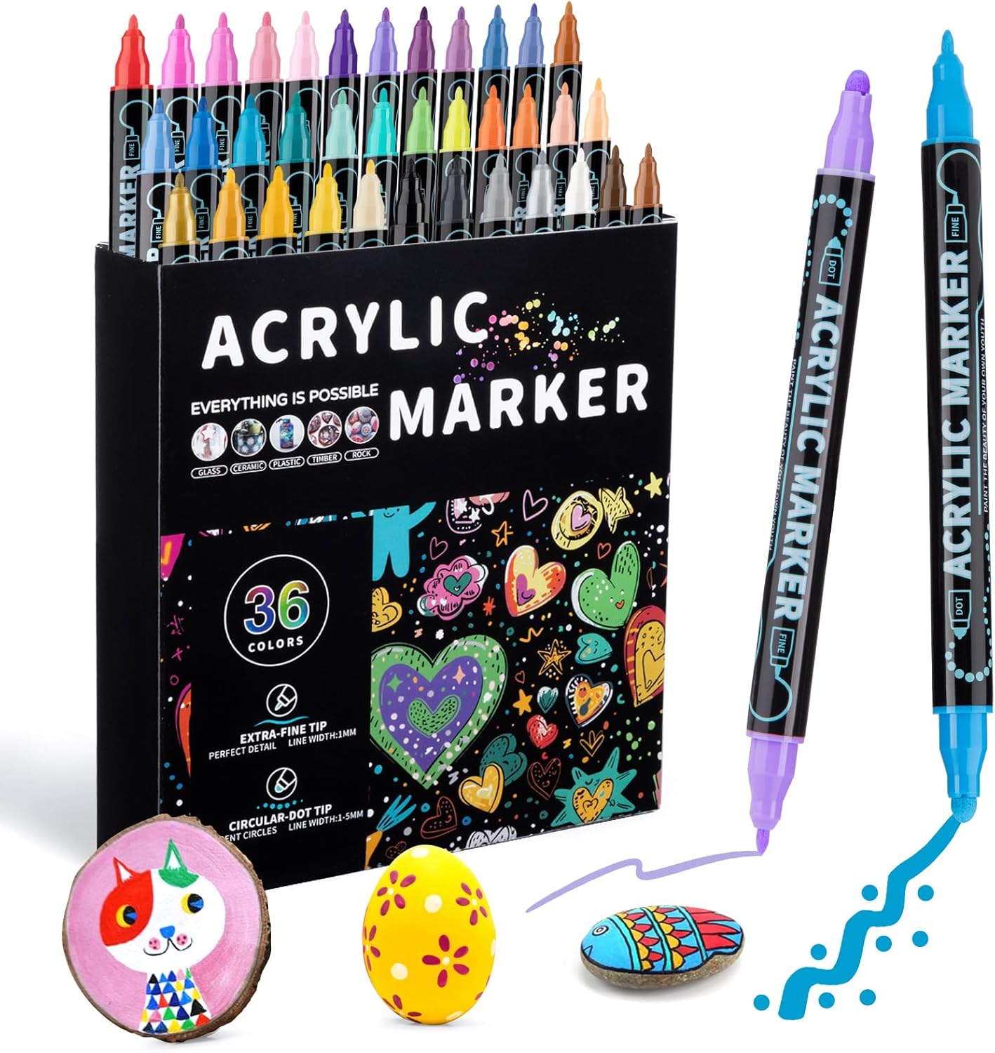 36 Colors Dual Tip Acrylic Paint Pens Marker, Double Tip Premium Acrylic Markers, Markers for Wood, Rock Painting, Glass, Canvas, Stone, DIY Crafts Making Art Supplies