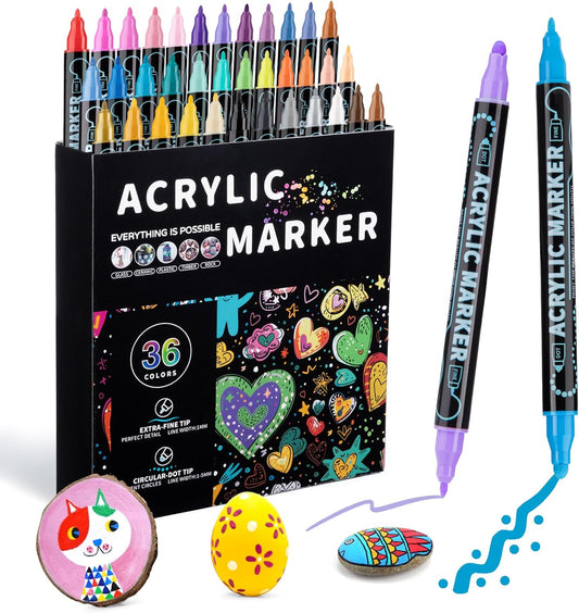 36 Colors Dual Tip Acrylic Paint Pens Marker, Double Tip Premium Acrylic Markers, Markers for Wood, Rock Painting, Glass, Canvas, Stone, DIY Crafts Making Art Supplies