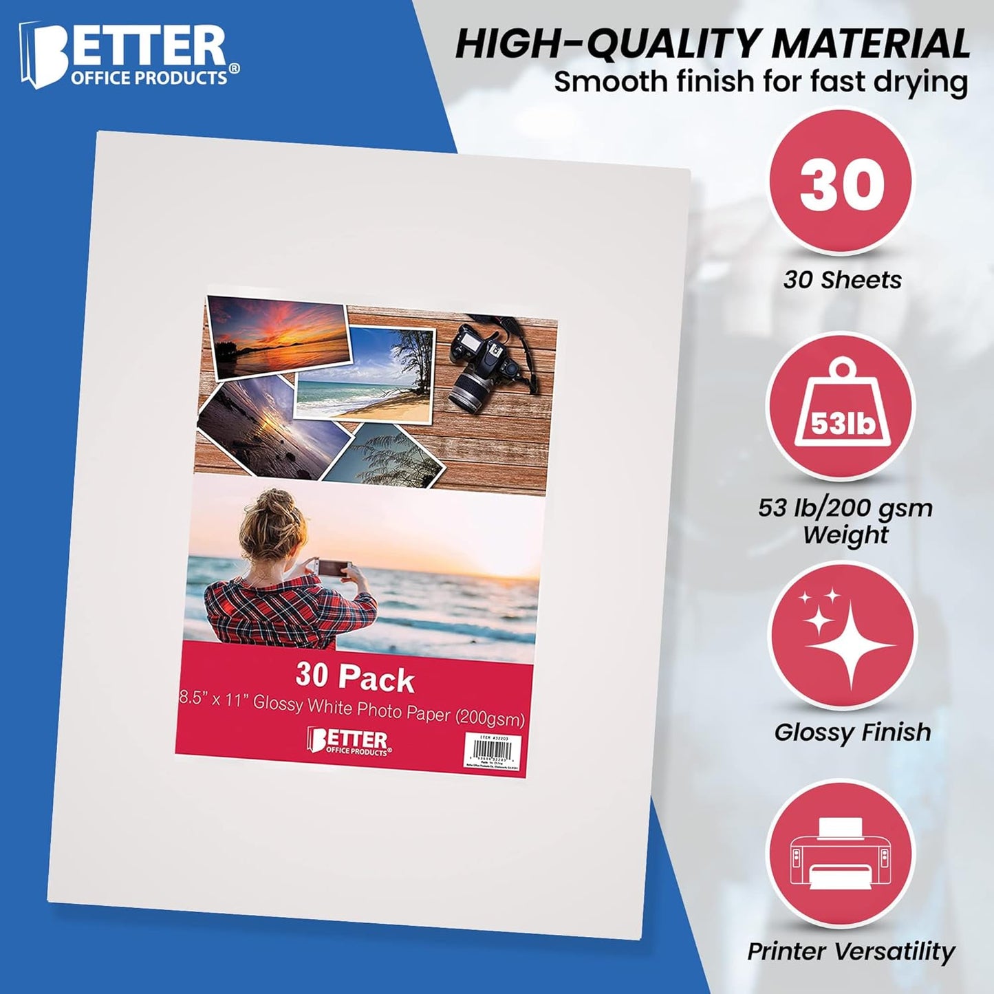 Better Office Products Glossy Photo Paper, 8.5 x 11 Inch, 30 Sheets, 200 gsm, Letter Size, 30-Count Pack