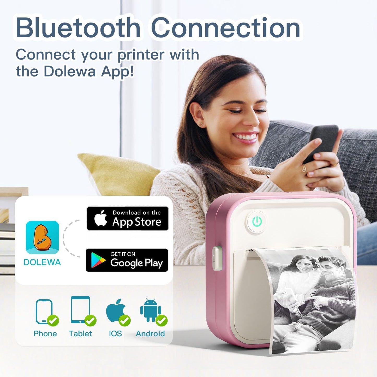 Label Maker Machine, HD Mini Sticker Printer with 7 Rolls Paper, Portable Thermal Print Pod Supports 12-57mm Papers, Bluetooth Pocket Printer for Home, Kitchen, School (Light Pink)