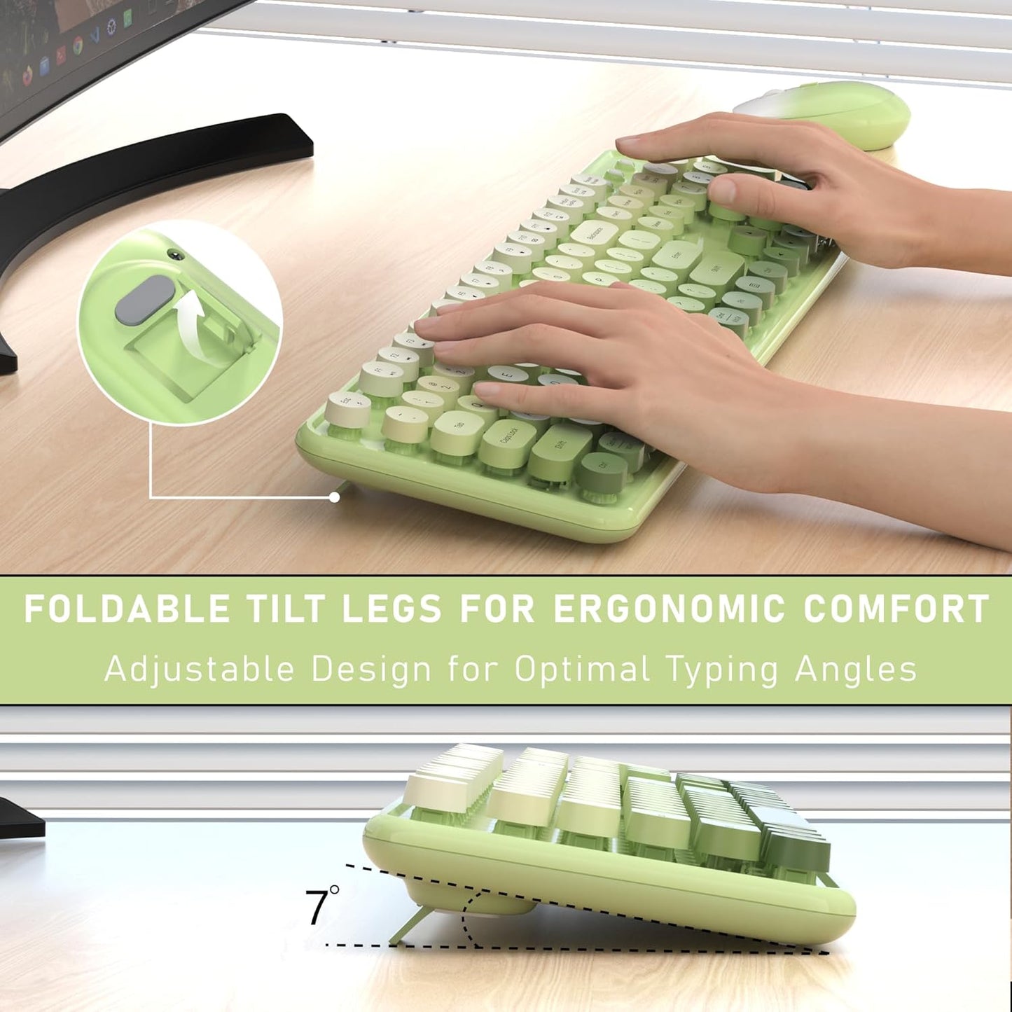 Wireless Keyboard and Mouse, Full-Size Retro Typewriter Keyboard with Round Keycaps, 2.4GHz for Windows, Mac, Laptop, PC, Desktop (Green Gradient)