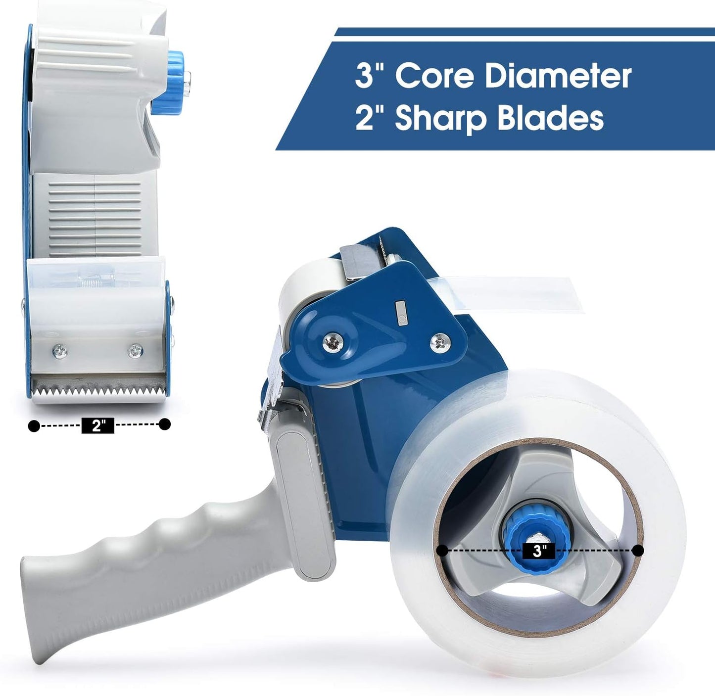 Packing Tape Dispenser Gun (4 Packs) Pacific Mailer 2 Inch Tape Gun Dispenser with 2 Inch Carton Packing Tape, Lightweight Industrial Side Loading Tape Dispenser - Blue