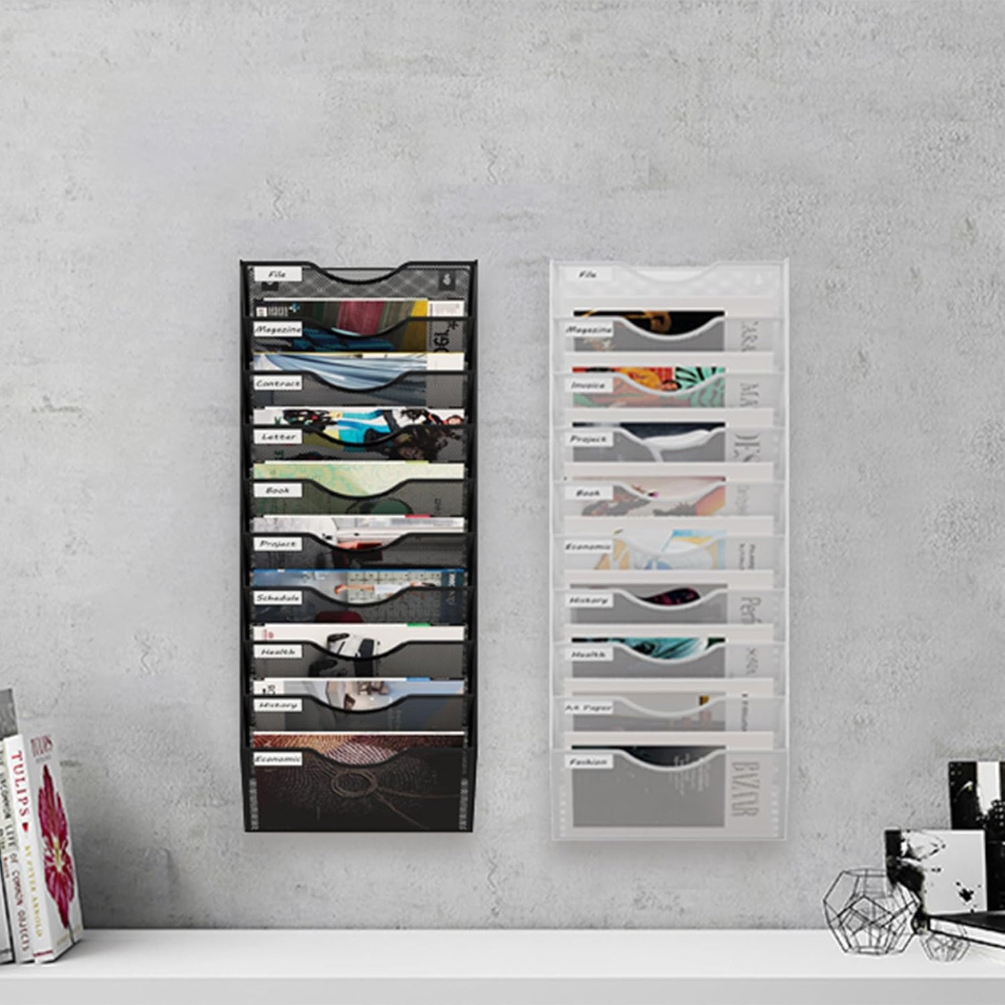 10 Tier Hanging Wall File Holder, Metal A4 Wall Mounted Document Holder, Vertical Hanging Mail Organizer, Magazine Storage Rack with Tray for Office Home Classroom, White
