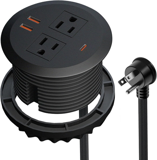 3 Inch Desktop Power Grommet,65W GaN USB C Fast Charging Station,3-USB Port,Flush Mounted for 3-1/8" Holes,Flat Plug.Round Recessed Desk Grommet Outlet for Workspace,Laptops,6.3ft,Black