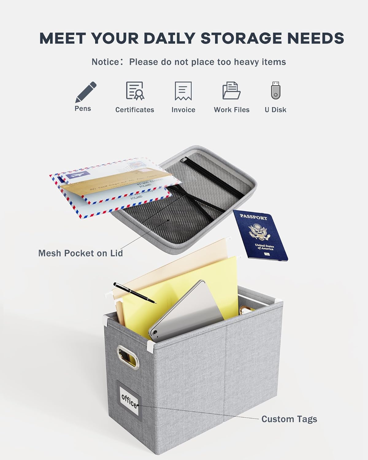 Oterri Hanging Filing File Box with Mesh Pocket, File Organizer Box with Lid, Collapsible Document Organizer Box for Letter Size, Easy Slide Durable Storage Box for Office/Decor/Home (2 PCS, Grey)