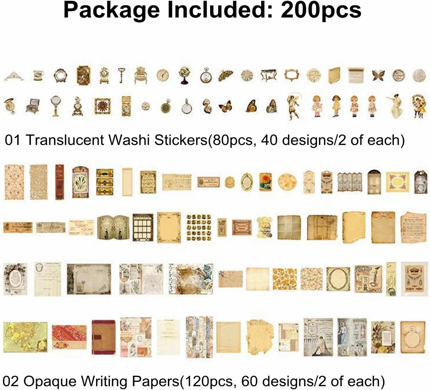 200PCS Vintage Scrapbooking Supplies Pack, Aesthetic Scrapbook Sticker Paper Art Journaling Kit for Bullet Junk Journals,Planner,Cottagecore Decor Gifts (Retro)